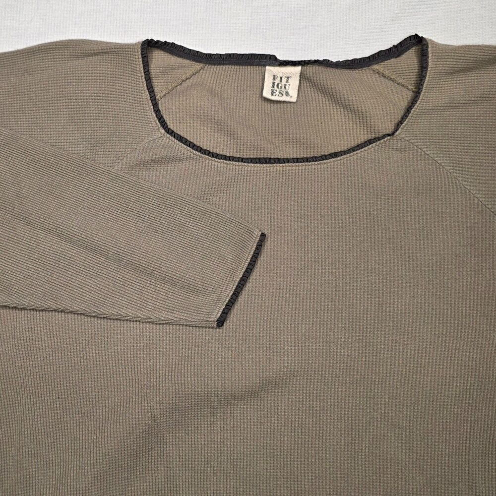 Vintage Fitigues Womens M Waffle Knit LS Scoop Neck Pullover Olive Lace Trim USA